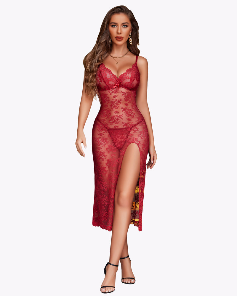 Red lace nightdress with lace cups and long side slit