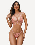Pink lace cutout lingerie set with rose appliques, triangle bra and thong