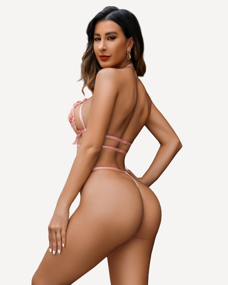 Light pink appliqued 2-piece bra and panty set with floral lace and thin straps at back