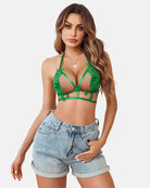 Two-piece lace bra and thong set, green floral appliques
