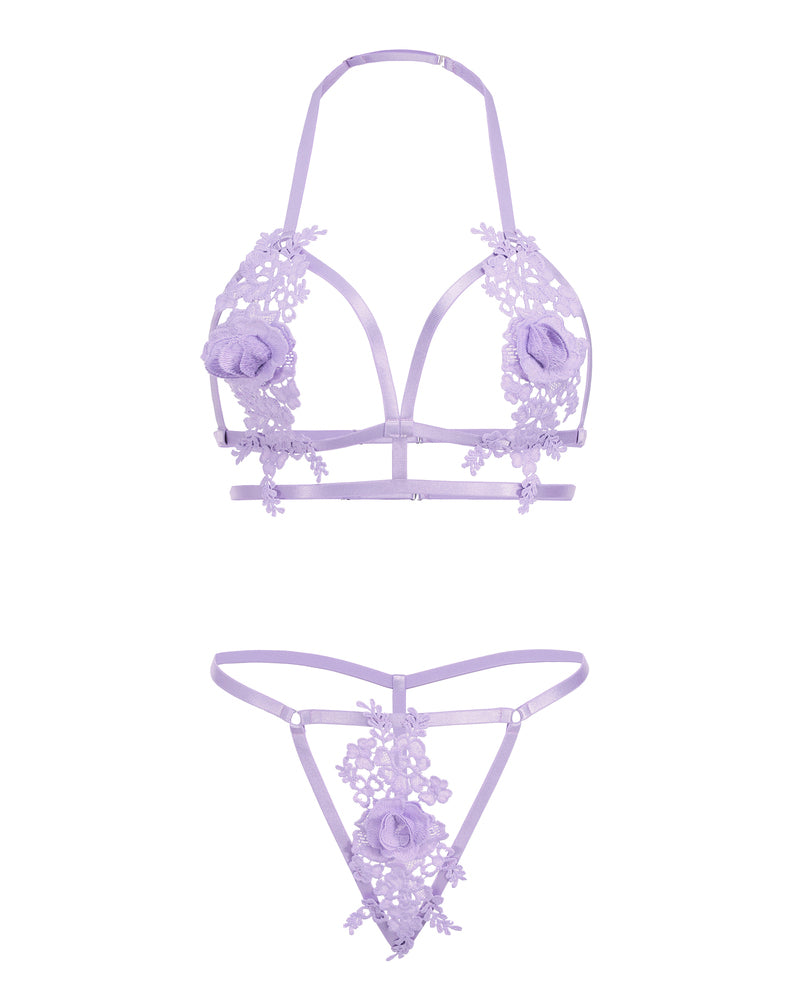Lilac lace-appliqued triangle bralette and G-string thong set