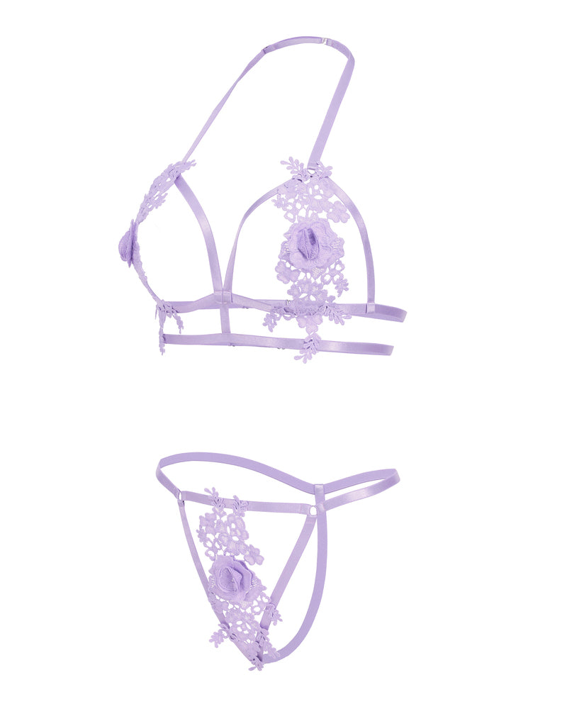 Lilac lace-appliqued bralette and thong set with floral motifs