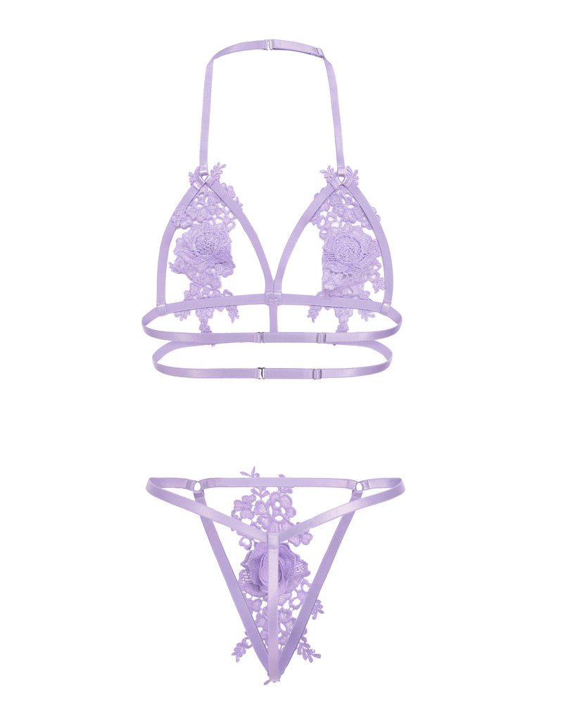 Lilac lace triangle bralette with strappy cutouts and matching thong