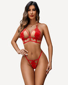 Red appliqued 2-piece bra and thong set with floral lace appliques and strappy sides