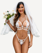 White 2-piece lace bra and thong set with floral appliques and scalloped lace trim