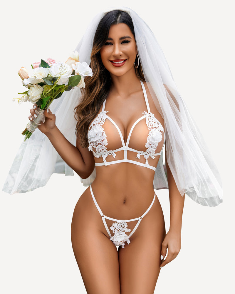 White 2-piece lace bra and thong set with floral appliques and scalloped lace trim