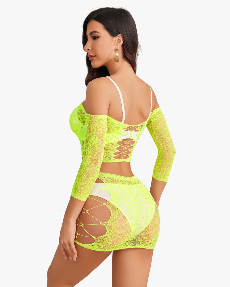 Neon green sparkly fishnet lingerie set shown from side with lace-up back crop top