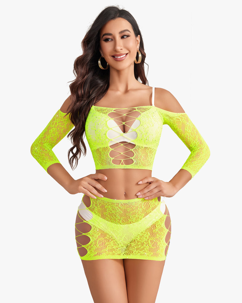 Neon green sparkly fishnet lingerie set with lace-up front crop top and mini skirt