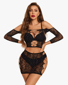 Black rhinestone fishnet lingerie set with long sleeves and lace-up chest cutouts