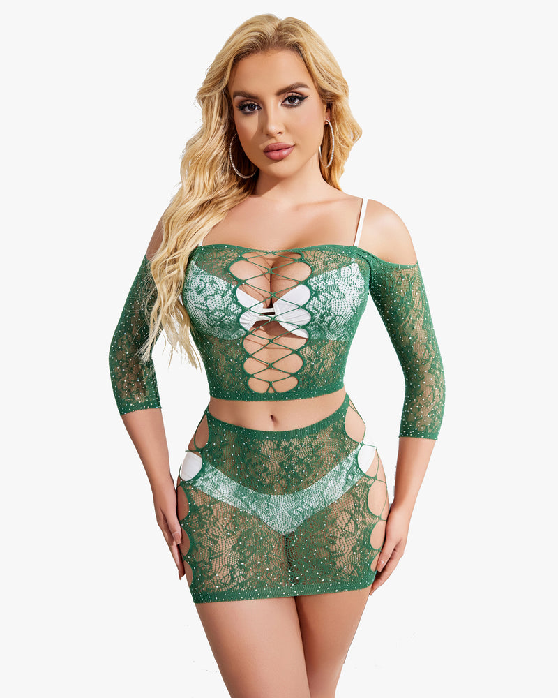 Dark green sparkly fishnet lingerie set with lace-up back crop top and mini skirt