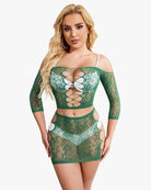 Dark green sparkly fishnet lingerie set with lace-up back crop top and mini skirt