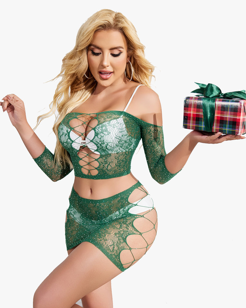 Dark green sparkly fishnet lingerie set with lace-up front crop top and cutout mini skirt