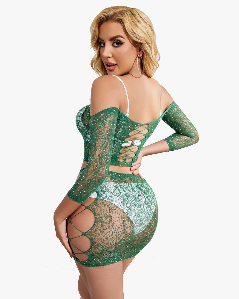 Dark green sparkly fishnet lingerie set from back with lace-up crop top and mini skirt