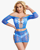 Blue sparkly fishnet lingerie set with lace-up back crop top and mini skirt