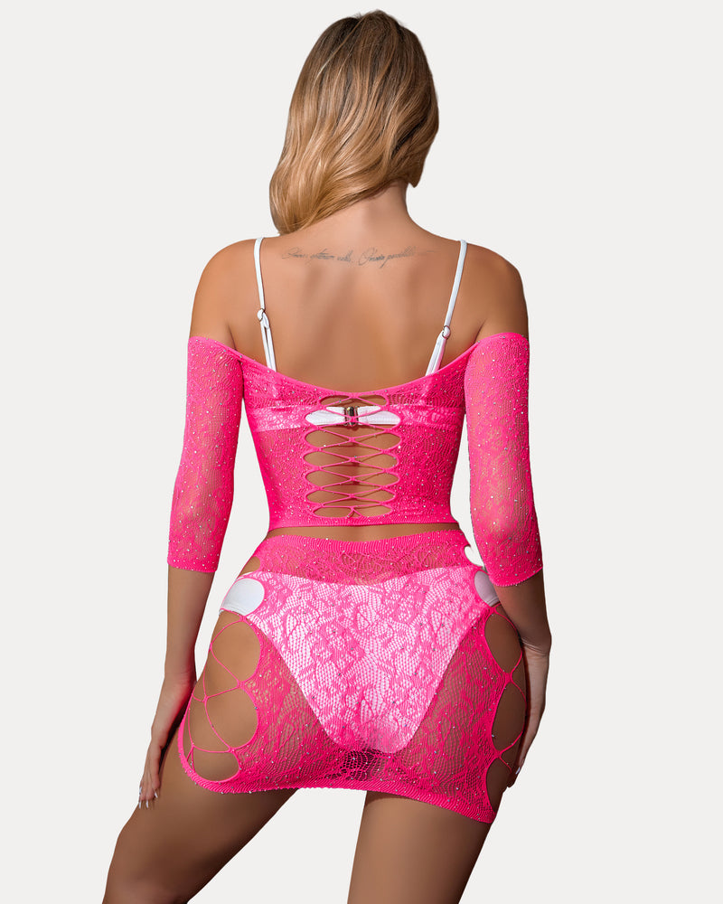 Pink sparkly fishnet lingerie set with lace-up back crop top and mini skirt