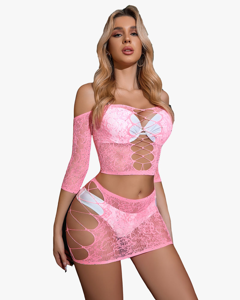 Pink rhinestone fishnet lingerie set with lace-up front cutouts and matching mini skirt