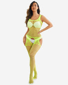Yellow fishnet jumpsuit with wide straps and open hip and thigh cutouts