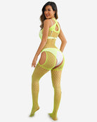 Yellow fishnet jumpsuit with side cutouts and long mesh pant legs