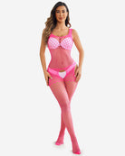 Pink fishnet jumpsuit with wide straps and open hip and thigh cutouts