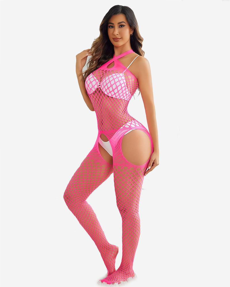 Pink fishnet jumpsuit with halter straps and open thigh and back cutouts