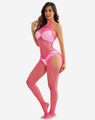 Pink fishnet jumpsuit with halter straps and open thigh and back cutouts