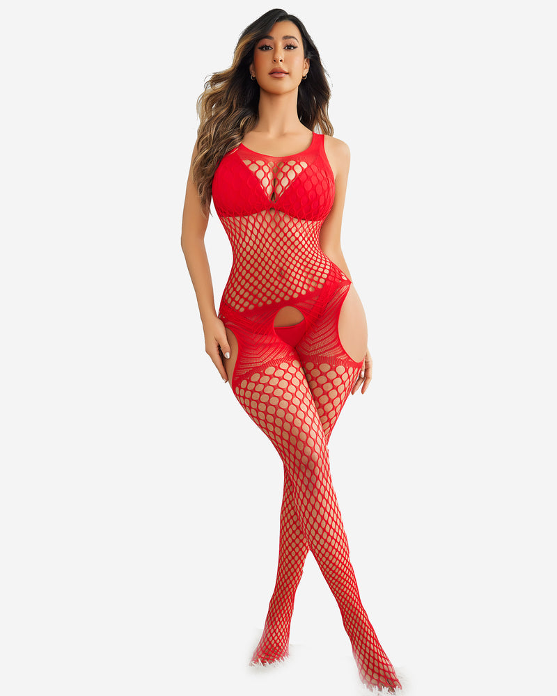 Red fishnet jumpsuit with wide straps and oval thigh cutout panels