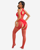 Red fishnet halter jumpsuit with crisscross straps and thigh cutouts