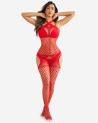 Red fishnet halter catsuit with open back and leg cutout panels