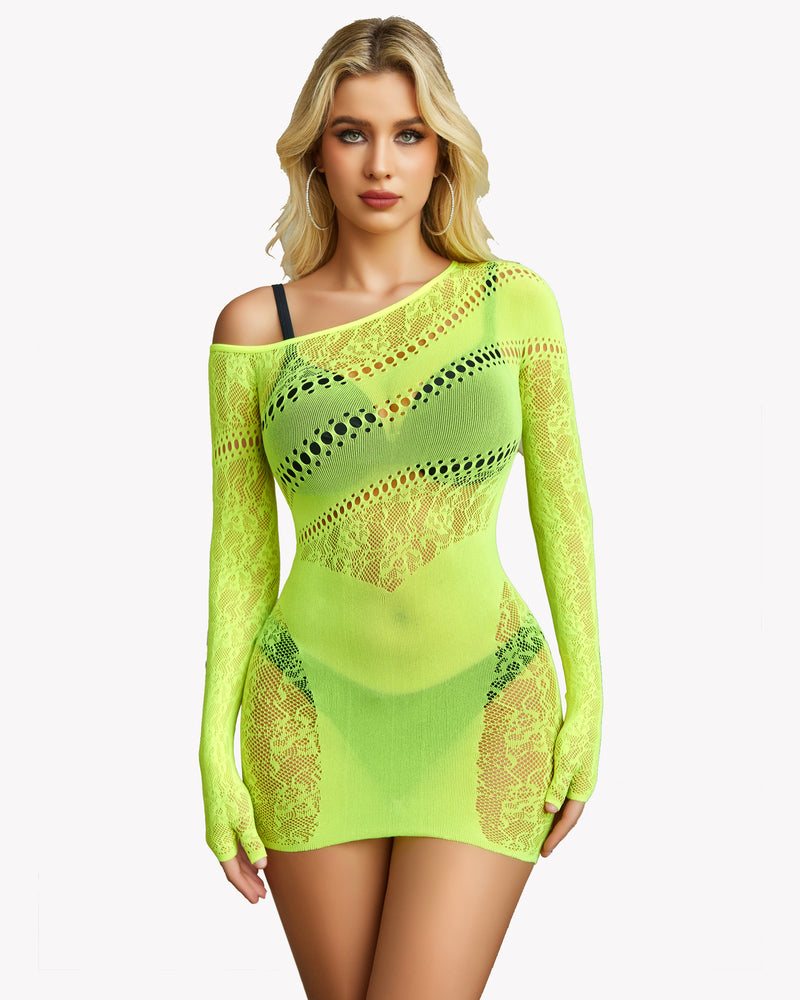 Neon green mesh hollow-out fishnet mini dress, off-shoulder neckline, long sleeves