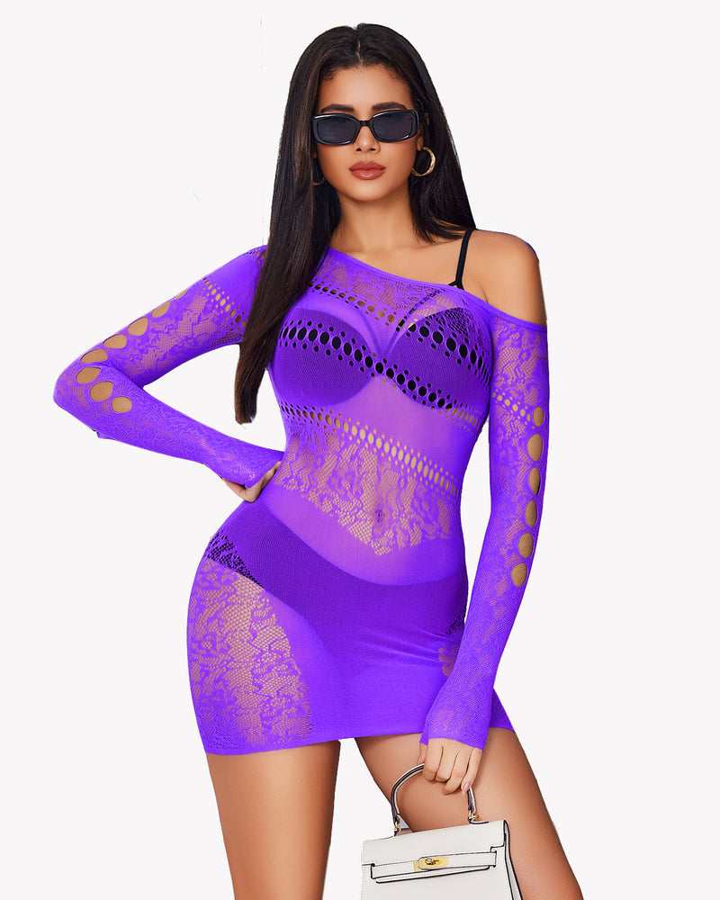 Purple mesh hollow-out fishnet mini dress with long sleeves and one-shoulder neckline