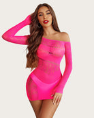 Neon pink mesh fishnet mini dress, off-shoulder wide neckline and long sleeves