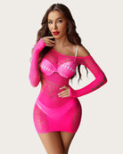 Neon pink mesh fishnet mini dress with off-shoulder neckline and long sleeves, front