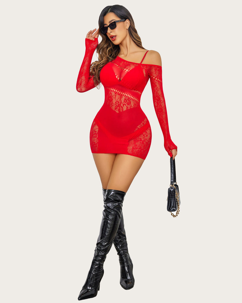 Red mesh hollow-out fishnet mini dress with off-shoulder cut and long sleeves