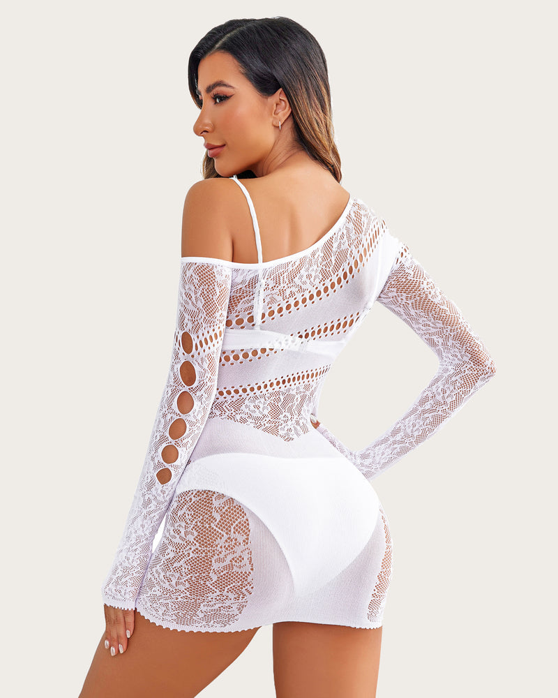 White mesh hollow-out fishnet mini dress with open-back style, long sleeves