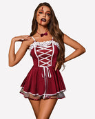 Wine-red corset maid dress with white lace neckline, crisscross front lacing, bow at neck