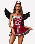 Wine-red corset maid dress with white lace trim, crisscross front lacing, bow choker