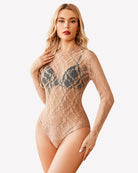 Camel lace turtleneck long-sleeve jumpsuit, front view, sheer lace design