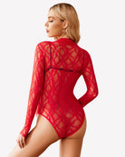 Red lace turtleneck long-sleeve jumpsuit, back view, sheer textured pattern