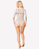 White lace turtleneck long-sleeve jumpsuit with full back coverage and thong cut