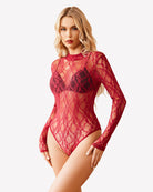Red lace turtleneck long-sleeve jumpsuit with sheer sleeves and fitted one-piece cut