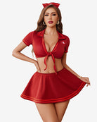 Wine-red nurse tie-front top and mini pleated skirt with matching nurse cap