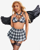 Black/white plaid garter belt mini skirt set with cut-out bra top and front clasp
