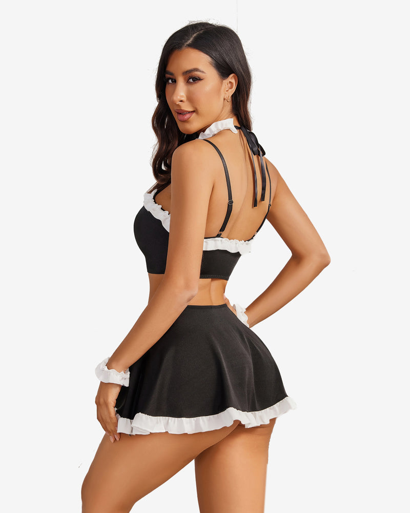 Ruffle French maid outfit set with black skirt and white trim, shown from the back