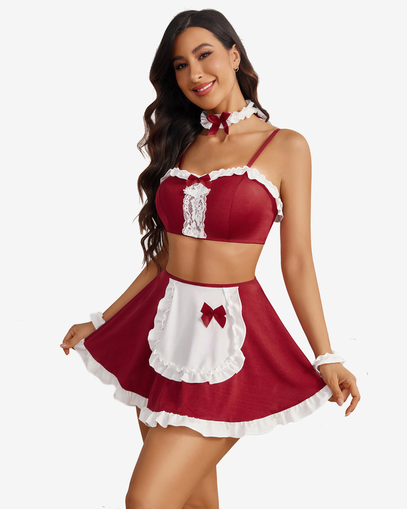 Wine-red ruffle French maid outfit with white apron skirt, lace trim, bow