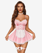 Pink lace maid lingerie dress set with corset bodice, white lace trim, and garters