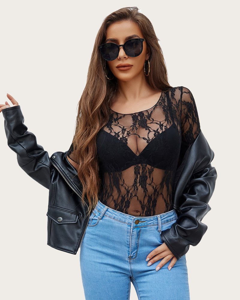 Black floral lace mesh short-sleeve top with V neckline and scalloped lace trim