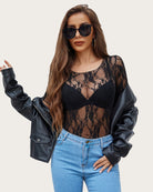 Black floral lace mesh short-sleeve top with V neckline and scalloped lace trim