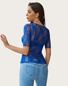 Blue floral lace mesh short-sleeve top with sheer back panel and fitted hem