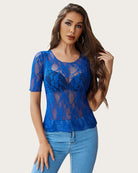 Blue floral lace mesh short-sleeve top with V neckline and sheer overlay