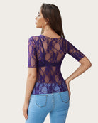 Purple floral lace mesh short-sleeve top with sheer back panel and fitted waist
